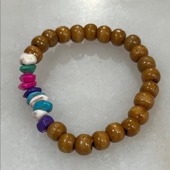 Colorful Beaded Wood Bracelet with Natural Dyed Turquoise Accents - Picture 5 of 6